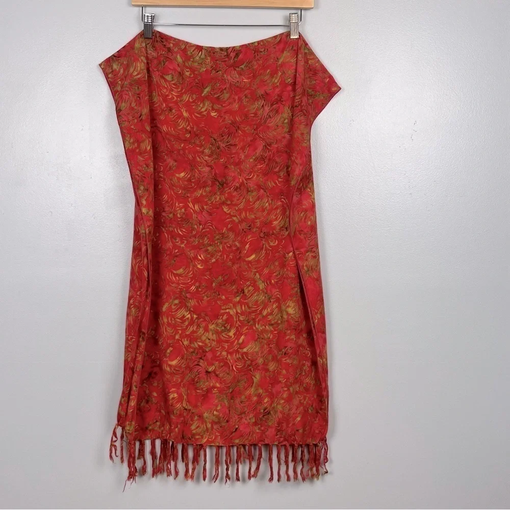 Coral & green batik print fringed lightweight sarong wrap.